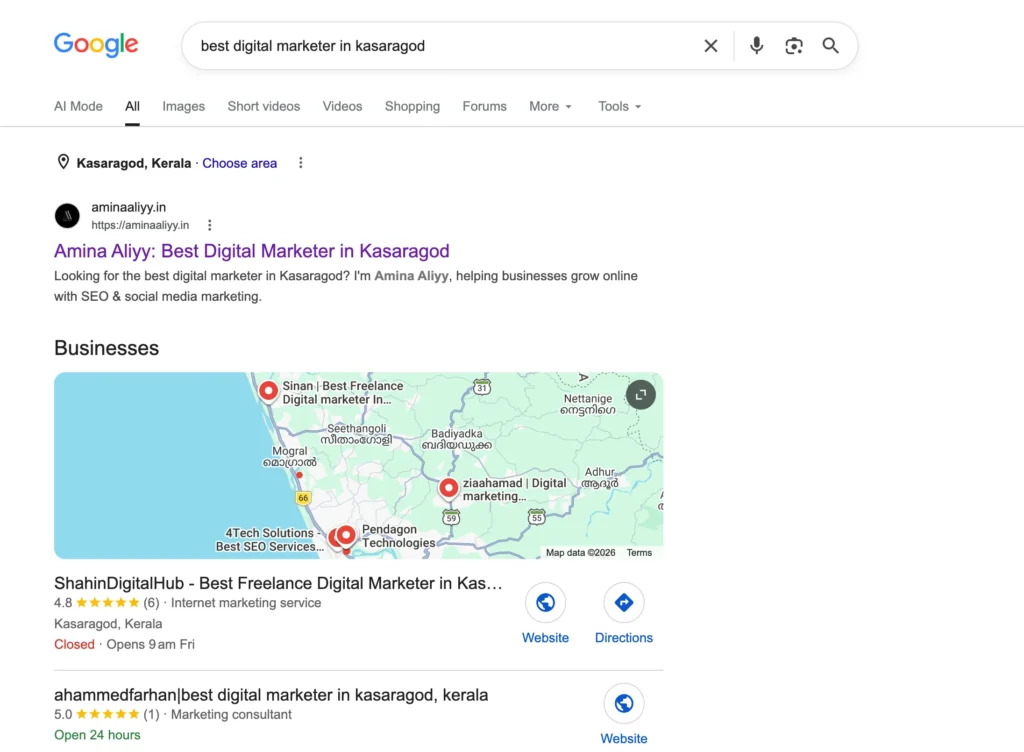 Google Search results showing aminaaliyy.in ranking for the keyword "Best Digital Marketer in Kasaragod".